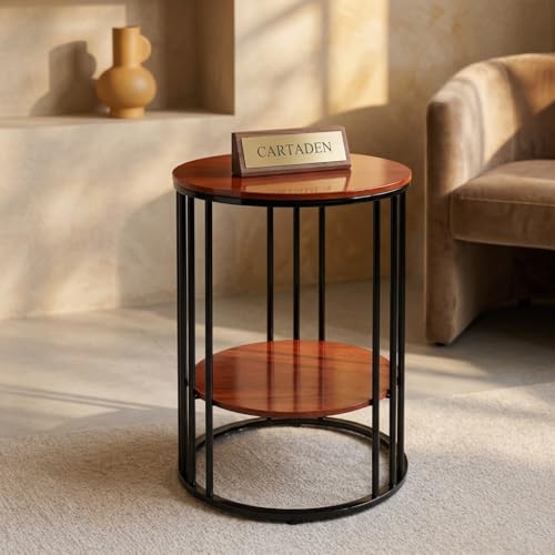 Image of CARTADEN Side Table, Small Round End Table with Lower Shelf, Nightstand for Small Spaces, Bedside Coffee Table for Living Room, Bedroom Black Brown