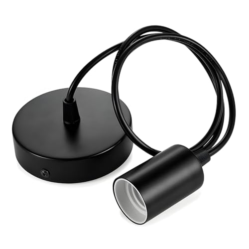 WUSJCOF Portalámpara E27 de Metal para Lámparas Colgantes, Casquillos para Bombillas, Soporte para Lámpara de Techo, Cable Ajustable de Techo (100 cm), Compatible con Pantalla de Lámpara (Negro)