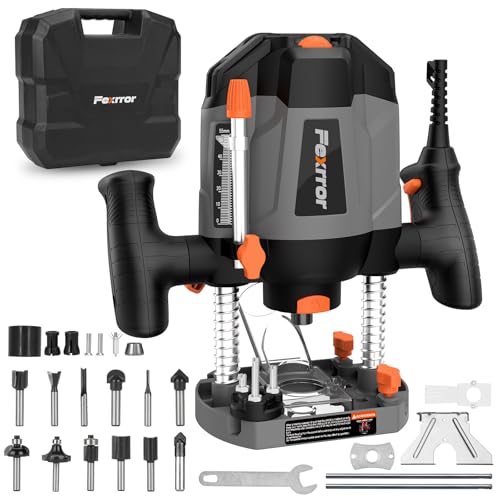 Affleureuse Défonceuse a Bois 1200W, Fexrror Affleureuse avec 30000 RPM, 7 Vitesses, Set de 12 Fraises, Port de Poussière, Support de Eail Parallèle, Réglage de la Profondeur de Fraisage