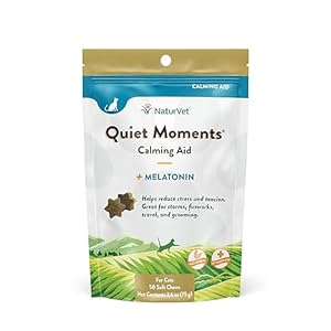 NaturVet Quiet Moments Calming Aid Cat Supplement Plus Melatonin – Helps Reduce Stress in Cats – for Pet Storm Anxiety, Motion Sickness, Grooming, Separation, Travel – 50 Ct. Soft Chews