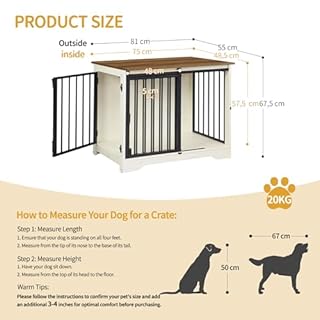Hzuaneri Dog Crate Furniture, 81 cm Double Door Wooden Dog Crate with Barn Door, Indoor Kennel, End Side Table Animal Crates for Small Medium Dogs, Anti-Chew Anti-Escape, White Brown DFC83614B