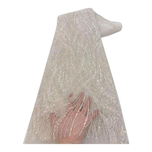Tissu perlé blanc en tube de 5 yards, textile lourd point chaîne pour création de robe de mariée.