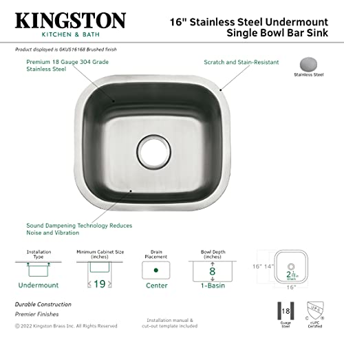 Kingston Brass Gourmetier Gkus16168 Undermount Single Bowl Bar Sink 16X16X8 (Lxwxd) Brushed Stainless Steel #TOP2