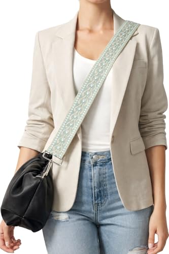 Image of Light Green Geometric Jacquard Purse Strap with Silver Hardware 2 Inch Wide Replacement Crossbody Guitar Style Shoulder Strap for Handbags Totes