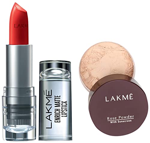 Image of LAKME Enrich Matte Lipstick Shade RM14, 4.7g & Lakme Rose Face Powder, Soft Pink, 40g