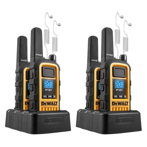 DEWALT FRS Walkie Talkies Long Range 2 Way Radio, 2 Watt, Waterproof & Rechargeable, 4 Pack with 4 Headsets, 2DXFRS800-SV1