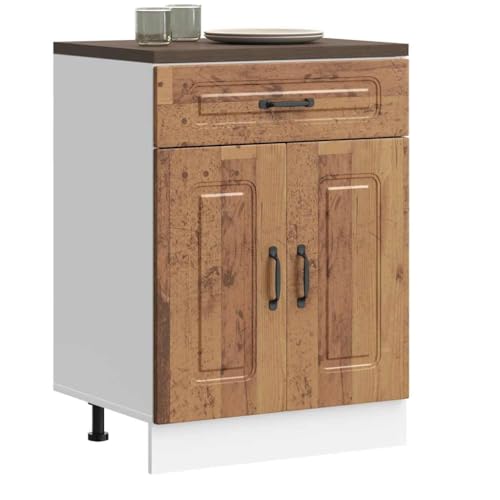 QUAHEAS Kalmar - Mueble bajo de cocina (aspecto de madera envejecida, con patas ajustables, 60 x 46 x 81,5 cm, cajón y puertas independientes, para comedor, despensa y cafetería)