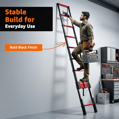 Image of Amazon Basics 3.8 m (12.46 ft) Compact Alloy Steel Telescopic Ladder | 13-Step Extendable Foldable Ladder | Portable Multipurpose Step Ladder