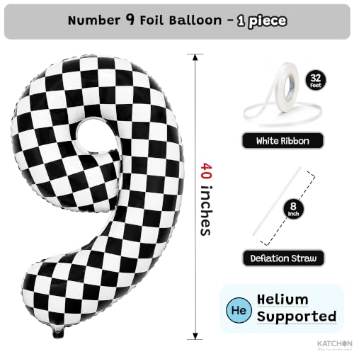 Image of KatchOn Checkered Number 9 Balloon - 40 Inch | 9 Balloon Number