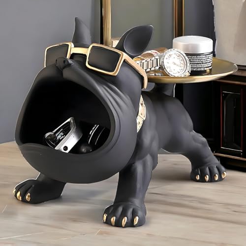 Image of Cool Bulldog Key Bowl & Accessory Tray - Matte Black & Gold Resin Dog Sculpture Multifunctional Organizer Showpiece for Keys Watches & Candy (Black & Gold, Dog with Tail Plate)