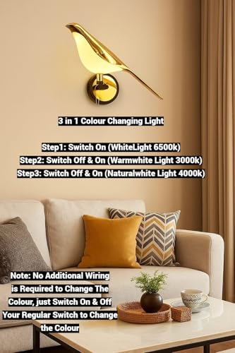 Image of FILLISKA Luxurious Acrylic Crystal Wall Lamp with Adjustable Colour Changing Function, Elegant Finish (FrenchGold Bird-D11)(1 Year Warranty)