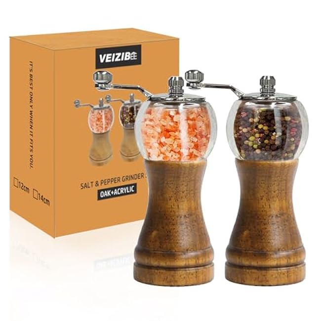 Pepper Grinder, Classical Roast Black Manual Pepper Grinder Set, Hand Shake Sea Salt Mill, Retro Style Wood£¬ Acrylic£¬Ceramic Blades, Enjoy Fresh Pepper Spices (Walnut color 2pcs-6in)
