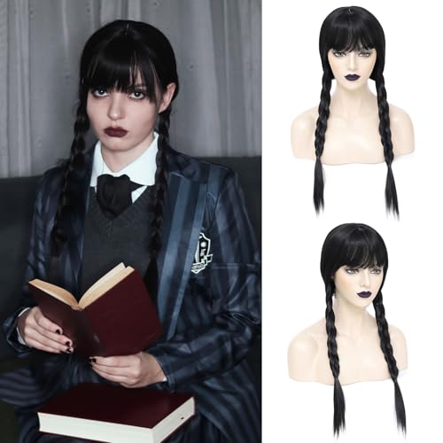 YBYMCAI Black Wig with Bangs Black Braided Wig for Women 22 inch Straight Synthetic Wig Heat Resistant Fiber Wigs for Cosplay Halloween Party Daily Use
