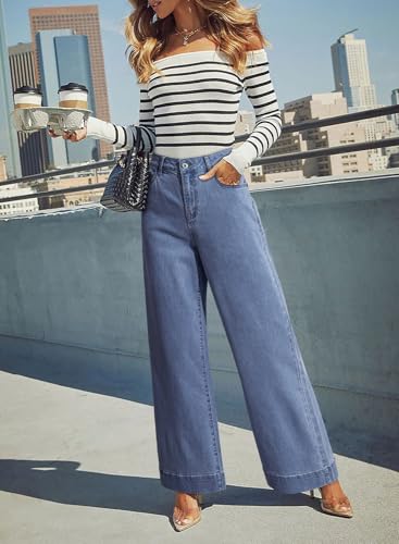 Image of Dokotoo Women's Casual High Waisted Jeans Stretch Wide Leg Loose Denim Pant