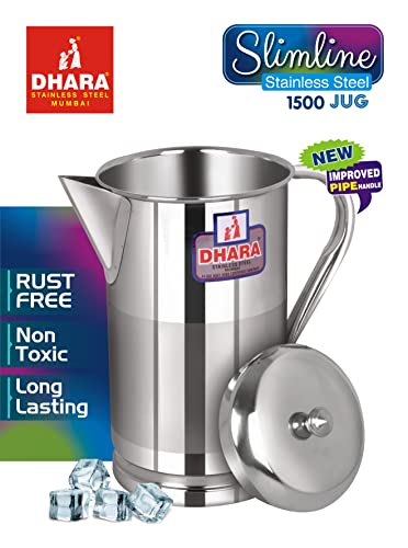 Image of Dhara Stainless Steel 1.5L Water Jug with Lid, Slim Steel Jug for Dining Table Water Serving, Leakproof, Rust Resistant Easy Pour Slimline Pitcher