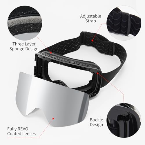 MXJ Gear Gafas de Esquí,YH227 Gafas Esqui Snowboard Nieve para Hombre Mujer OTG,Ajustable Anti Niebla Gafas de Esquiar Protección UV400 (Montura negra - Lentes plateadas VLT 13%) - imagen 9