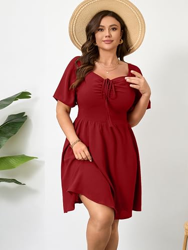 Image of RWJ Women Plus Size Summer Dress Short Sleeve Tie Front Sweetheart Neck Casual Mini Wedding Guest Dresses 2025