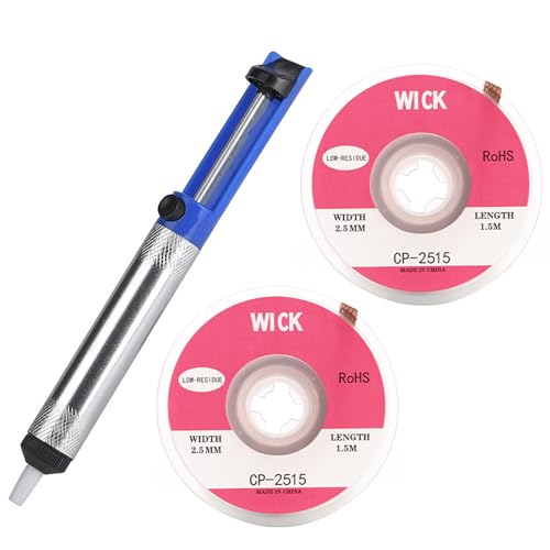 Entlötpumpe Set, Entlötpumpe und 2 Entlötlitze 2,5 mm* 1,5 mm, Desoldering Wick&Desoldering Pump, 2pcs Entlöten Docht, Lötmittel Sauger Vakuumpumpe Solder Removal Tool