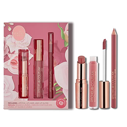 Rachel Couture Complete Lip Kit | Includes Lipstick, Lip Liner & Lip Gloss | Vegan & Cruelty Free | Infused with Rose Extract - Rose