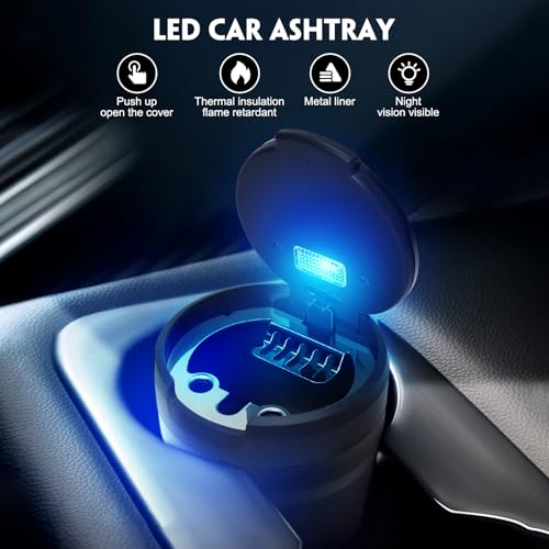 LYCXAMES Cendrier de voiture avec couvercle, lumière LED bleue, cendrier portable pour l'extérieur, la maison, le bureau, les voyages, la voiture, noir – vue 3