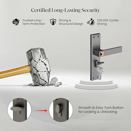 Image of LAPO Mortise Door Lock for Home Main Door & Bedroom with Handle | Heavy-Duty 60mm Cylinder | Left-Right Fit 30-50mm Door Home Office Hotel | 3 Brass Keys | 45x45mm Body | Black Finish | CY-132