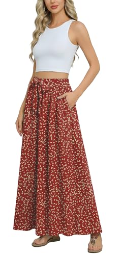 Askyes Womens Skirts 2024 Summer High Waisted A-Line Casual Work Tie Knot Flowy Swing Long Skirts with Pockets,Orange Red,L