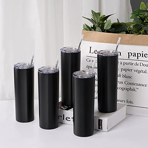 20 Oz Skinny Travel Tumblers, 8 Pack Stainless Steel Skinny Tumblers With Lid Straw, Double Wall Insulated Tumblers, Slim Water Tumbler Cup, Vacuum Tumbler Travel Mug For Coffee Water Tea, Black #TOP1