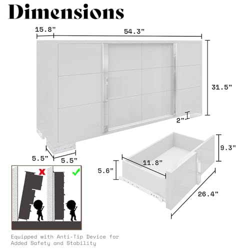 Image of AMERLIFE 54 inch W High Gloss 6 Drawers Dressers with Silver Grooved Handles, Modern Storage Chest of Drawers with Wide Tabletop, for Bedroom /Dressing Room /Living Room, White