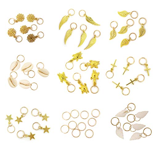 Honbay 50Pcs Golden Leaves Wings Stars Conch Shell Snowflake Cross Turtle Pendant Charms Rings Set Diy Hair Decoration Rings Braid Rings Hair Loop Clips Hair Accessories #TOP3