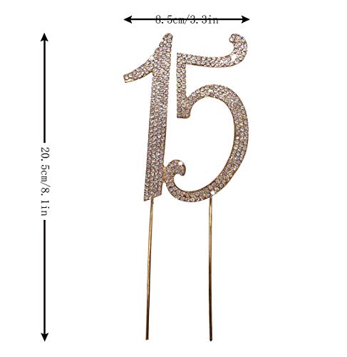 15 Gold Cake Topper | Premium Sparkly Crystal Rhinestones | 15Th Birthday Or Anniversary Party Decoration Ideas | Quality Metal Alloy | Perfect Keepsake Fifteen #TOP4