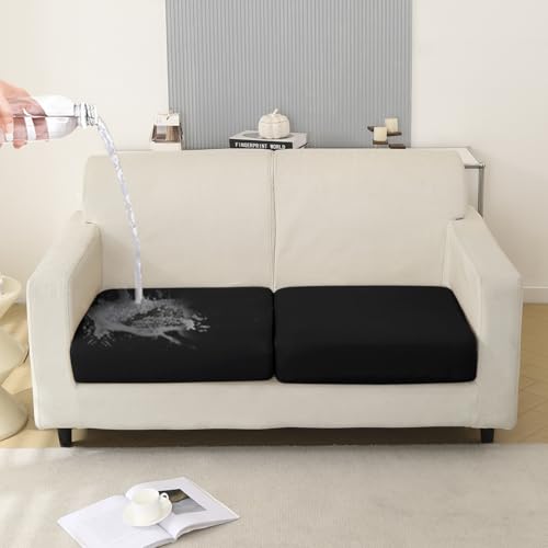 Image of HOKIPO 100% Waterproof Stretchable Elastic 140gsm Sofa Cushion Seat Cover, 2-Piece Seat Cushion Cover, Black (AR-5352-BLK*2)