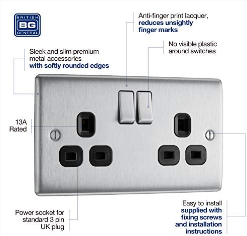 BG Electrical Double Switched Fast Charging Power Socket with Two USB Charging Ports, 13 A & Double Switched Power Socket, Brushed Steel with Black Inserts, 13 Amp, 3.0 cm*14.65 cm*8.6 cm