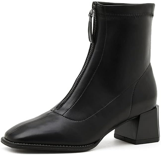 MATERUIEYES Square Toe Front Zipper Thick Heel Design Ankle Boots Pure Color Short Boots