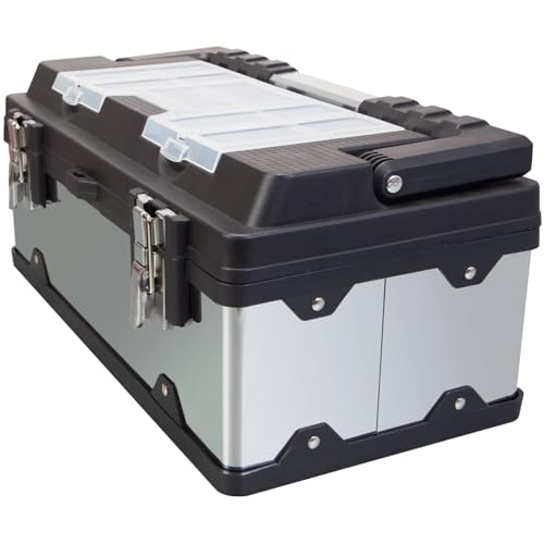 ROAD DAWG A5519BD-1 Torin Organizador de caixa de ferramentas portátil de aço inoxidável de 45,7 cm: trava de metal, compartimentos transparentes da tampa e bandeja removível - aço inoxidável/preto