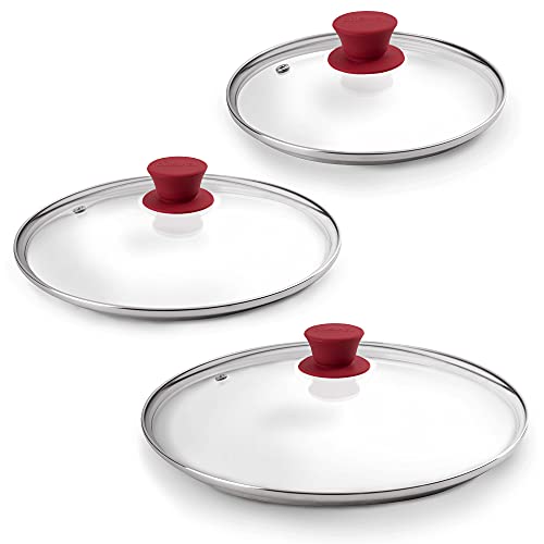 Glass Lids Set with Steam Vent Hole - 8+10"+12-Inch/20.32cm+25.4cm+30.48cm - Compatible with Lodge Cast Iron Skillets - Oven Safe Fully Assembled Tempered Universal Replacement Cover - Reinforced Rim