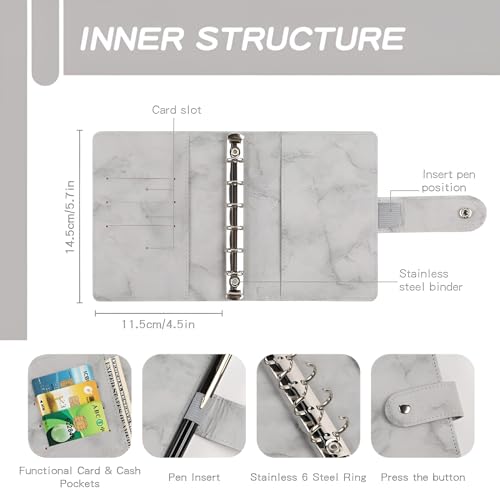 A7 Marbled Binder Wallet - Cash Wallet Envelope System, Mini Money Saving Organizer for Cash, Budget Binders with Pockets, Sheets and Stickers, Grey