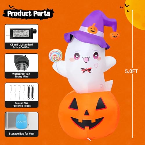 Image of GOOSH 5 FT Halloween Inflatables Ghost Outdoor Decorations Blow Up Yard Cute Ghost Sitting on Pumpkin Helding a Lollipop with Built-in LEDs for Garden Lawn Indoor Party Decor