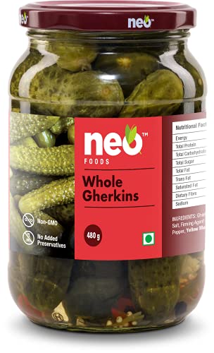 Image of Neo Whole Gherkins 480g I Pack of 1 I 100% Plant Based I Low Fat Sweet and Crunchy Pickles, Ready to Eat I Enjoy with Nachos, Make a Healthy Salad at home