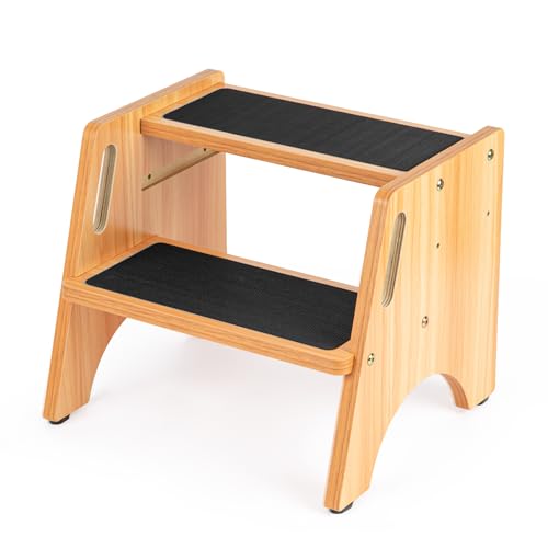 StrongTek Taburete ajustable de dos escalones, escalera de madera resistente, antideslizante y ajustable en altura para adultos, niños y uso doméstico