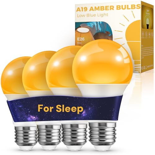 Image of L LOHAS LED Sleep Aid Amber Light Bulbs, Blue Light Blocking, E26 Base | A19 9W(60 Watt Equivalent) Dim Light Bulbs, 1800K Warm Light Bulb, 4 Pack
