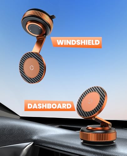 Image of Jononser Magnetic Car Phone Mount,Zinc Alloy Foldable Holder with Strong Nano-Gel Adhesion & N52 Magnet, 360 Adjustable Dashboard /Windshield Phone Holder for iPhone 17 /16 /15 /14 /13 /12,Golden Orange