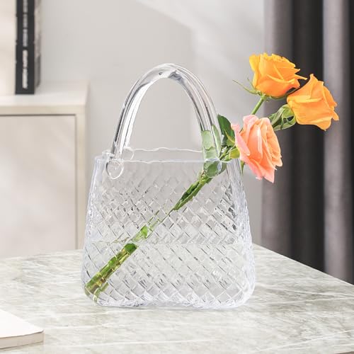 PORPAN Purse Vase, Glass Bag Vase, Glass Purse Vase for Flowers, Clear Vases, 12 Inch Large Flower Vase with Embossed Pattern for Wedding, Living Room, Bedroom, Table, Office(Round)