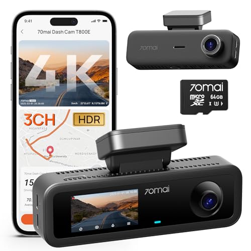 70mai T800E 4K 3 Channel Dash Cam 4K+1080P+1080P Front and Rear Inside Triple Car Camera with Voice Control HDR IR Night Vision Parking Mode F1.55 GPS Supercapacitor Included 64GB SD Card