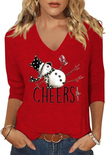 ZKDOO Women's Christmas Snowman Graphic 3/4 Sleeve V-Neck Shirt，Red-2，M
