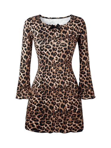 Floerns Girl's Cute Leopard Print Long Sleeve A Line Dress Bowknot Flare Hem Dress