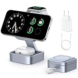 Stazione di ricarica 3 in 1 per Apple, caricatore wireless magnetico pieghevole con Mag-Safe per serie iPhone 17e/17/16/15/14/13/12/Air, Apple Watch e Pods Pro/4/3/2 (Blu argento)