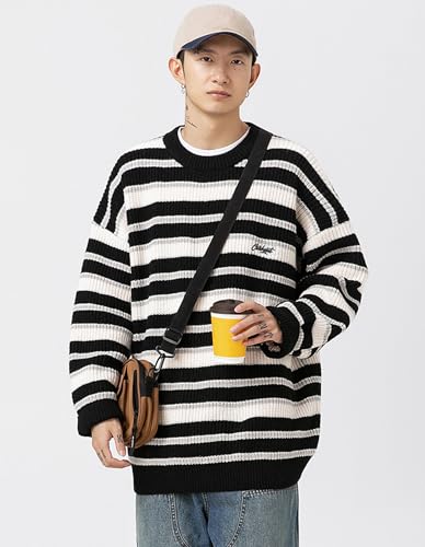 Men's Striped Knitted Sweater Crewneck Long Sleeves Pullover Vintage Soft Textured Knitwear2