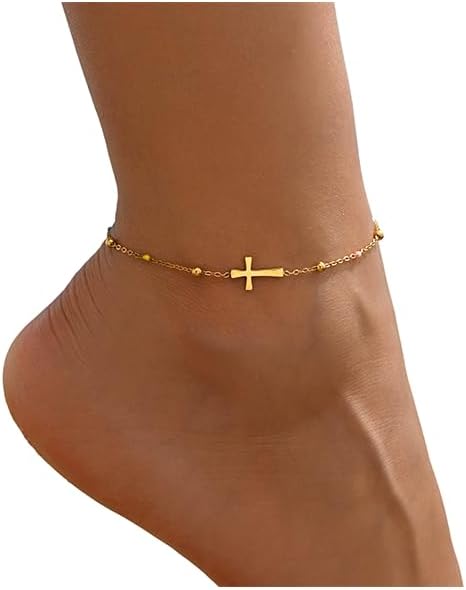 Ankle Bracelets for Women, 18K Gold Plated Dainty Waterproof Cross Anklets, Pearl Beaded Link Chain Anklet for Women Non Tarnish, Summer Beach Foot Jewelry, Christmas Gifts