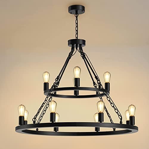 VONFAME Round Large Wagon Wheel Chandelier 12-Light, Rustic Farmhouse Industrial Chandelier Light Fixtures for Kitchen Island Dining Room Living Room Foyer Entryway, Black Finish