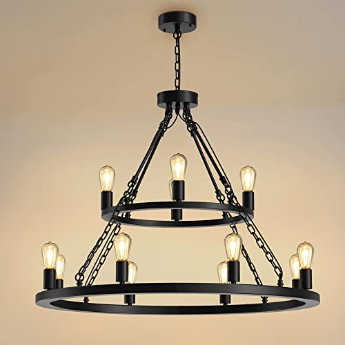 Vonfame Round Large Wagon Wheel Chandelier 12-Light, Rustic Farmhouse Industrial Chandelier Light Fixtures For Kitchen Island Dining Room Living Room Foyer Entryway, Black Finish #TOP2